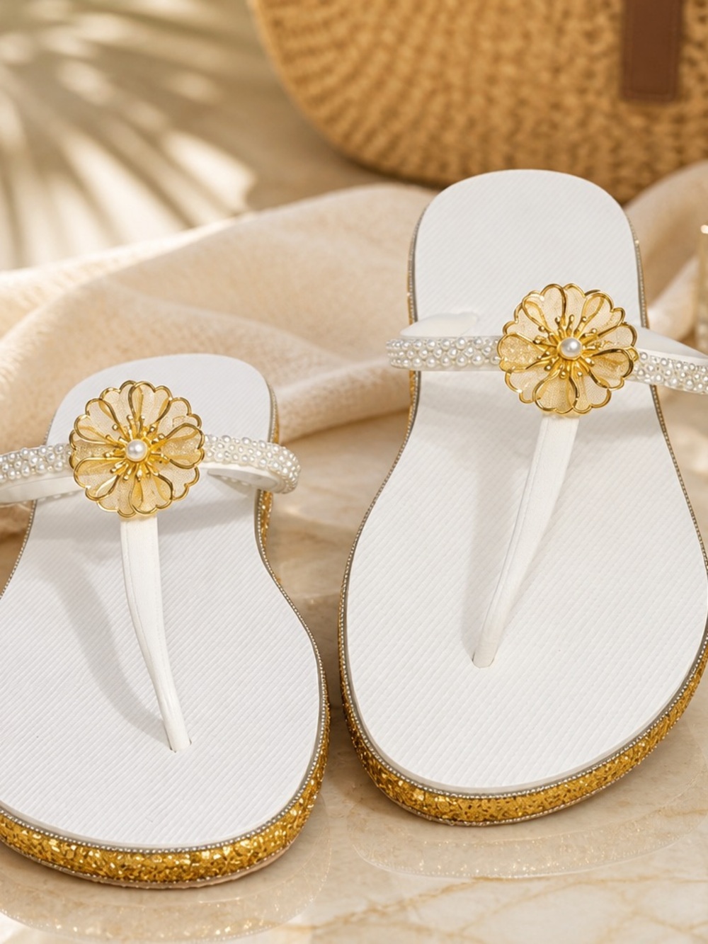 Elegant White & Gold Floral Toe-Post Sandals